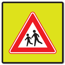 Waarschuwing voor kinderen met      groen fluoriserend achtergrondschild